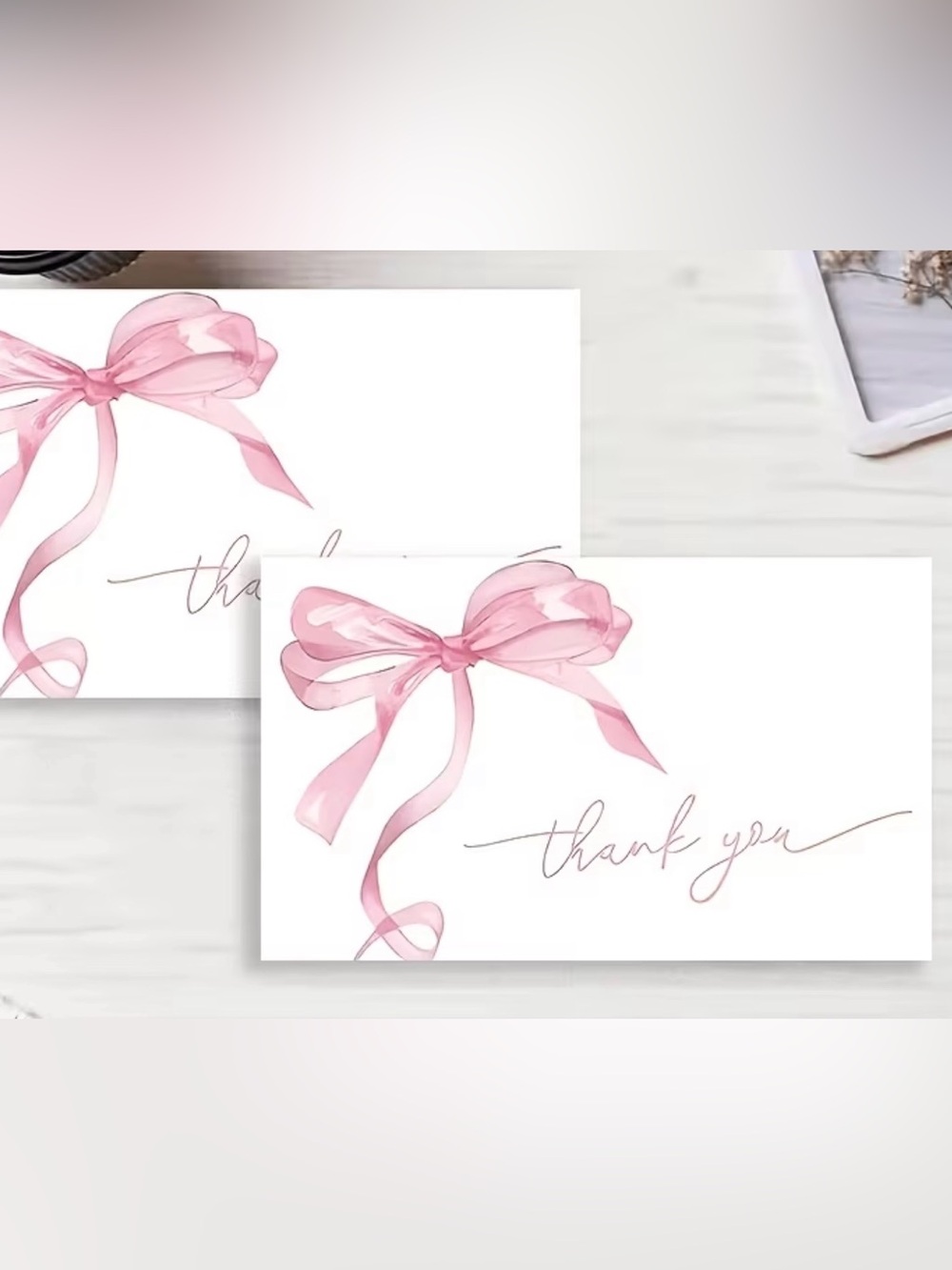 Pink Ribbon Thank You Cards - 50 pc Set of Elegant Note Cards Blank Back